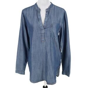Joan Vass Studio Top Womens Small Blue Chambray Tunic Henley Blouse Pullover